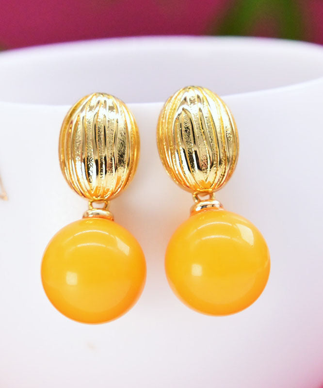 Stylish Yellow Sterling Silver Overgild Amber Beeswax Circular Drop Earrings