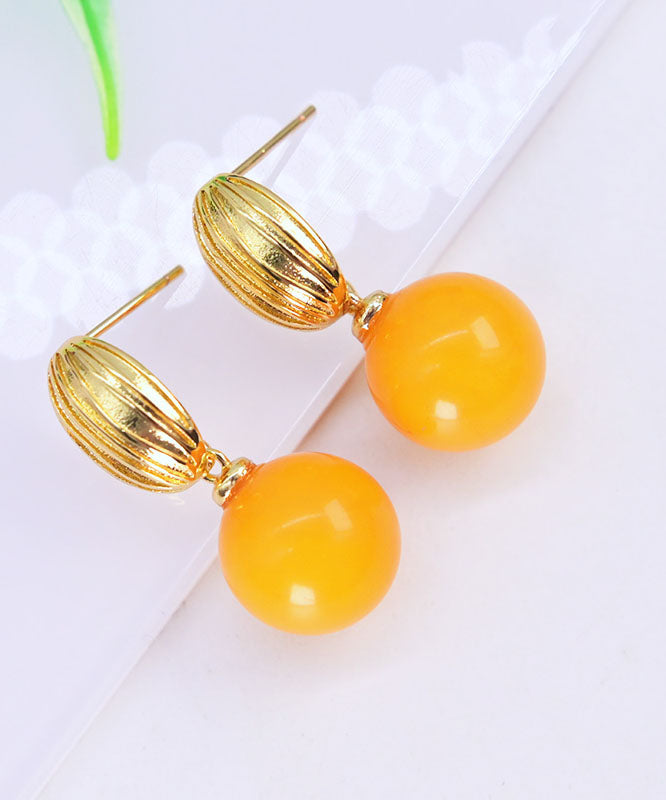 Stylish Yellow Sterling Silver Overgild Amber Beeswax Circular Drop Earrings