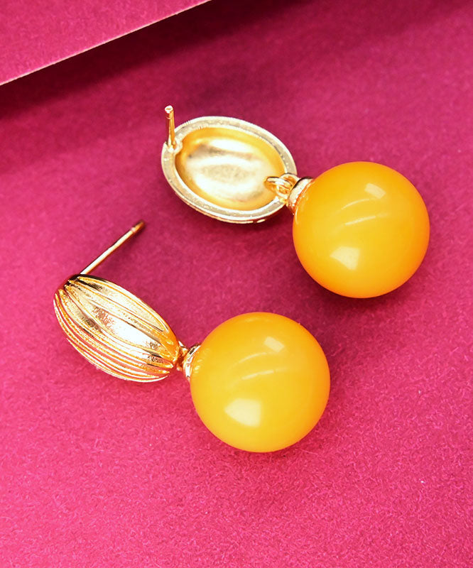 Stylish Yellow Sterling Silver Overgild Amber Beeswax Circular Drop Earrings