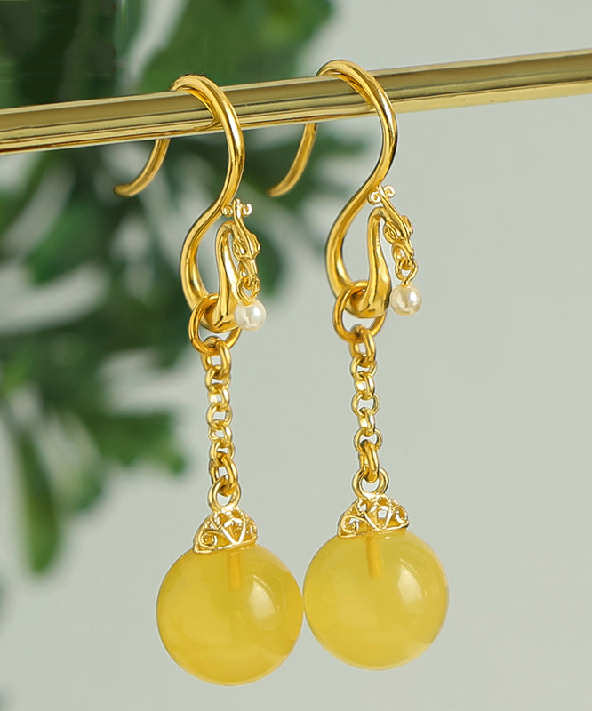 Stylish Yellow Sterling Silver Overgild Pearl Beeswax Drop Earrings