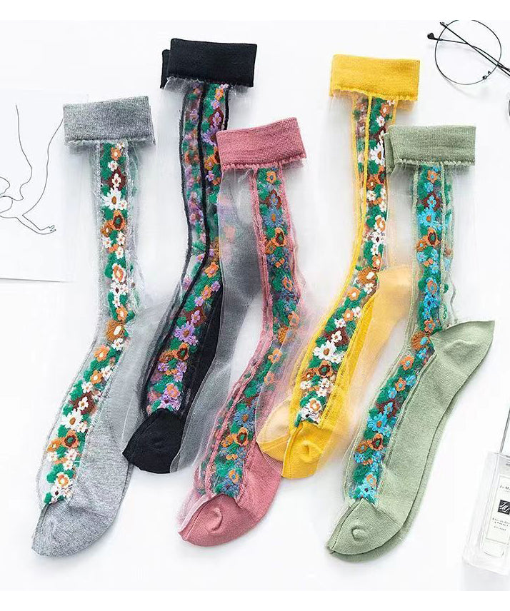 Summer Thin Transparent Retro Embroidery Mid Length Socks