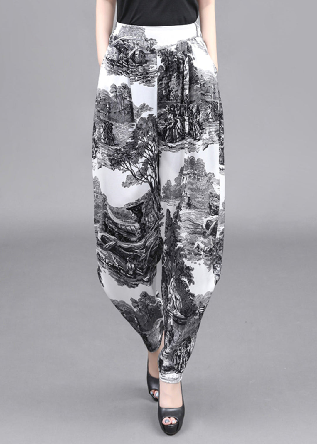 Summer Women Loose Pockets Landscape Painting Haren Pants