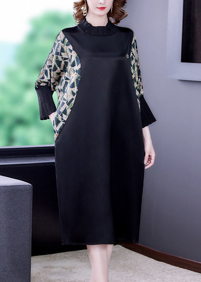 Black Print Pockets Patchwork Silk Dresses Fall