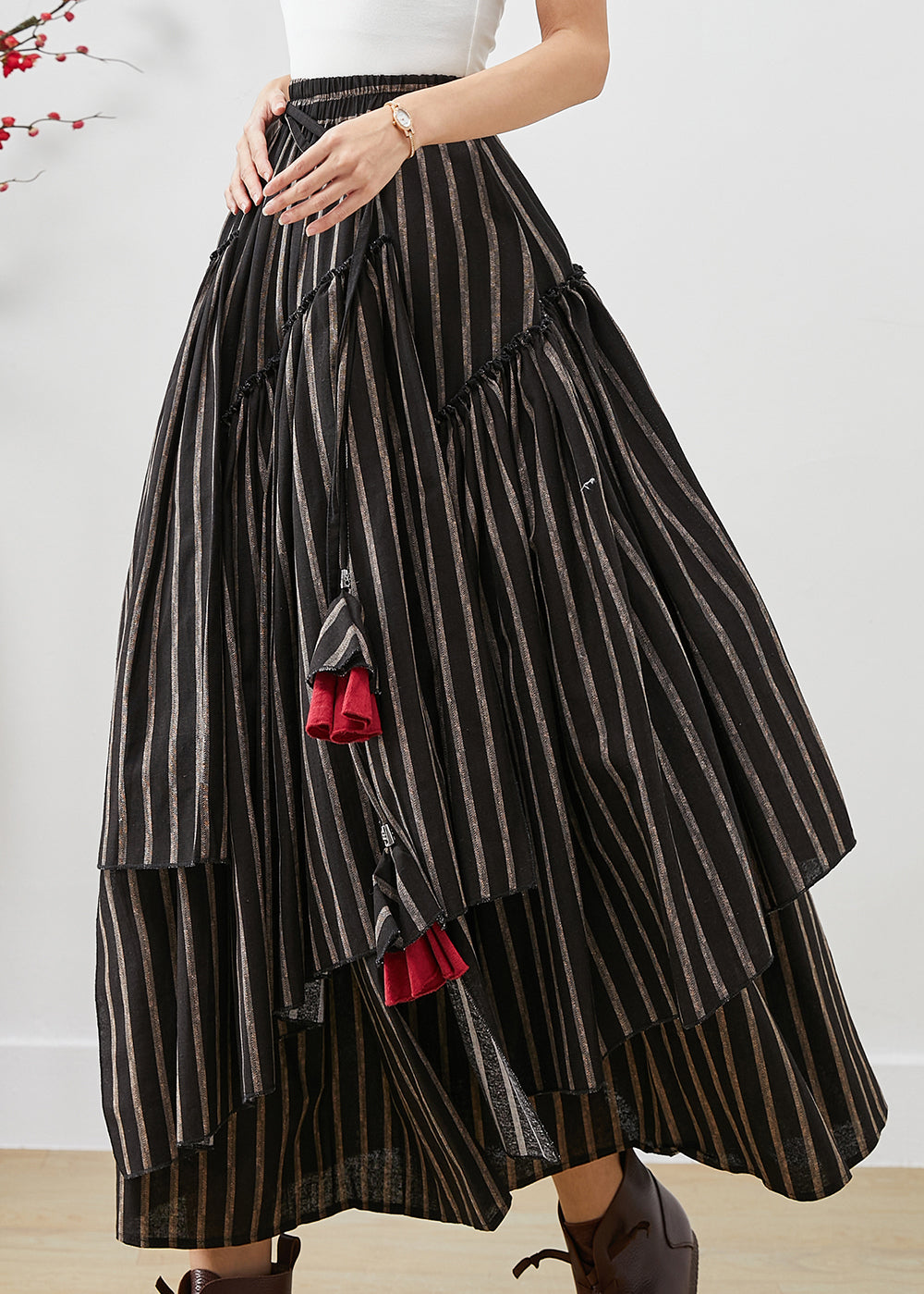 Unique Black Asymmetrical Striped Cotton Skirt Fall