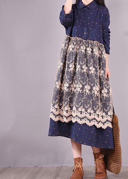 Unique Blue Print Dresses Patchwork Lace Kaftan Spring Dress - Omychic