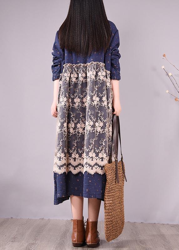 Unique Blue Print Dresses Patchwork Lace Kaftan Spring Dress - Omychic