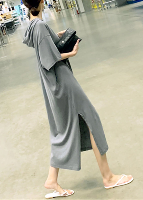 Unique Grey V Neck Side Open Cotton Hooded Long Dresses Short Sleeve