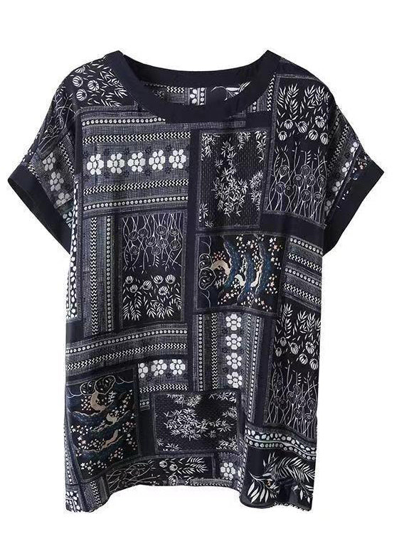 Unique Navy O Neck Print Patchwork Silk T Shirt Short Sleeve