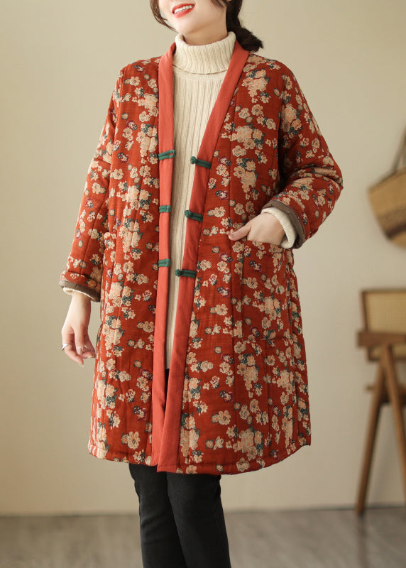 Unique Red V Neck Print Thick Cotton Filled Parka Winter