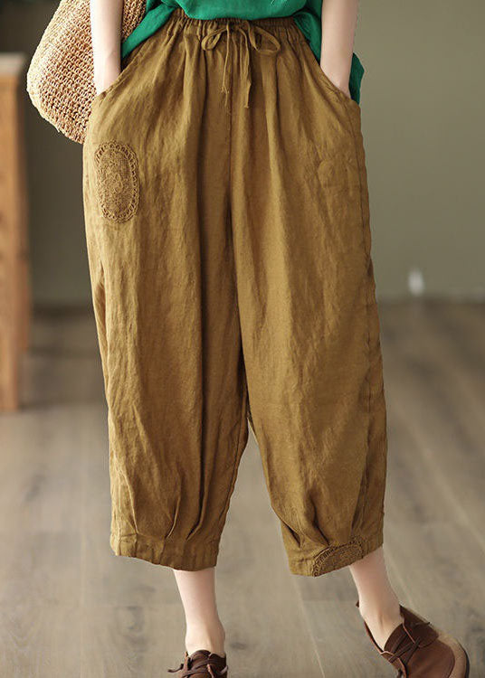 Unique Yellow Hollow Out Embroideried Linen Crop Pants Summer