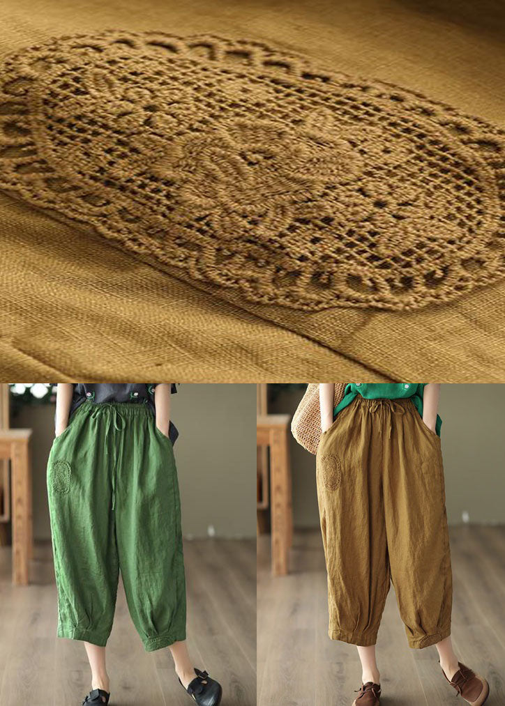 Unique Yellow Hollow Out Embroideried Linen Crop Pants Summer