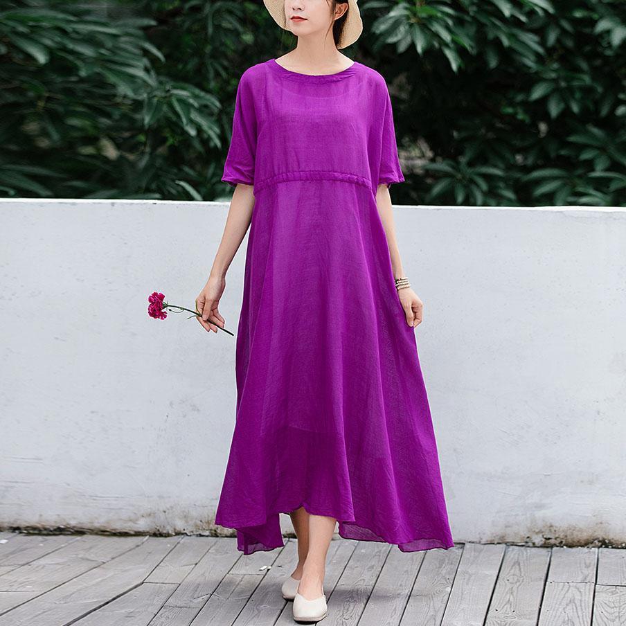 Unique half sleeve linen outfit Cotton purple high waist Dress summer ...