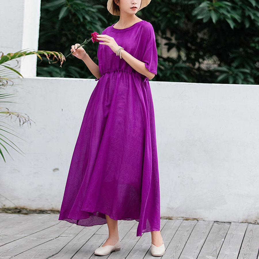 Unique half sleeve linen outfit Cotton purple high waist Dress summer ...