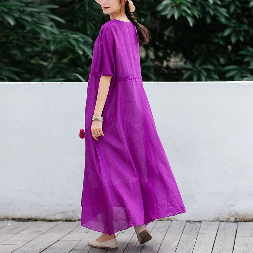 Unique half sleeve linen outfit Cotton purple high waist Dress summer ...