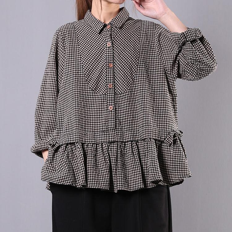 Unique lapel Ruffles linen cotton spring top black plaid Vestidos De Lino top - Omychic