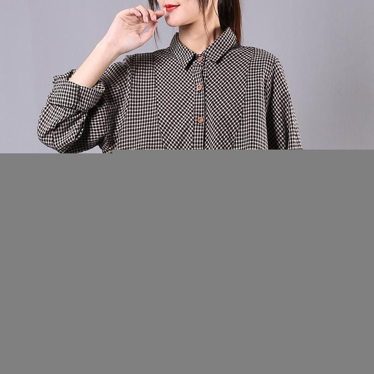 Unique lapel Ruffles linen cotton spring top black plaid Vestidos De Lino top - Omychic