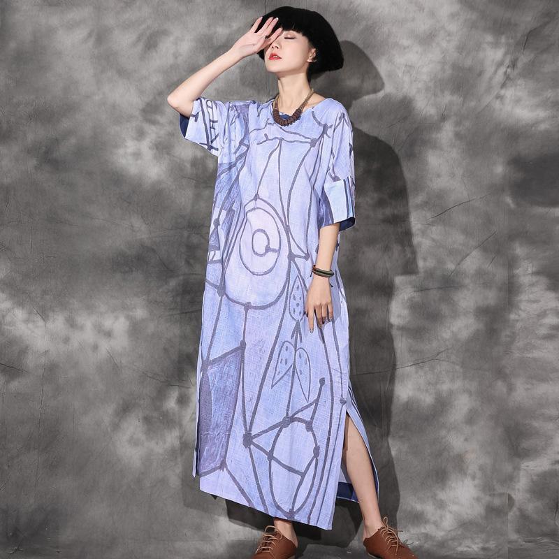 Unique side open linen Long Shirts Catwalk blue prints Dresses o neck sundress - Omychic