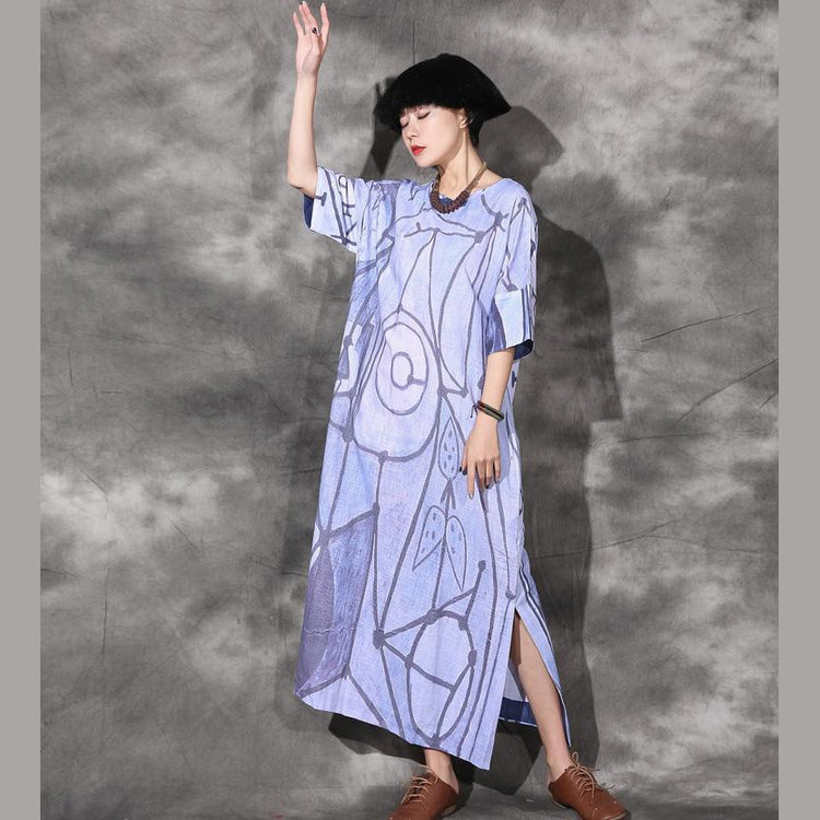 Unique side open linen Long Shirts Catwalk blue prints Dresses o neck sundress - Omychic