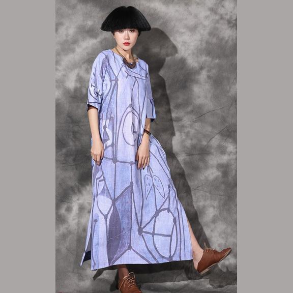 Unique side open linen Long Shirts Catwalk blue prints Dresses o neck sundress - Omychic