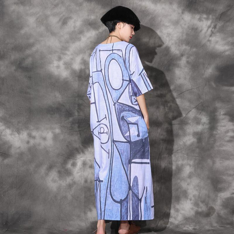 Unique side open linen Long Shirts Catwalk blue prints Dresses o neck sundress - Omychic