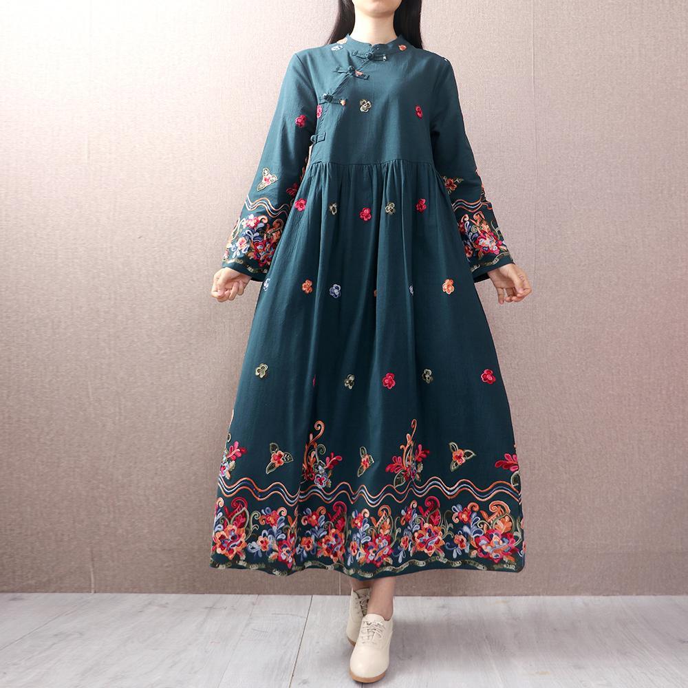 Unique stand collar cotton linen dress Photography green embroidery Dress autumn - Omychic