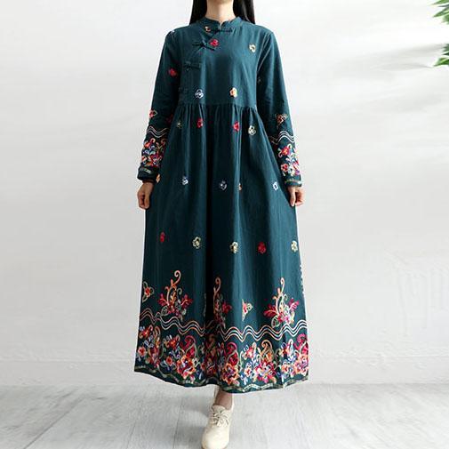 Unique stand collar cotton linen dress Photography green embroidery Dress autumn - Omychic