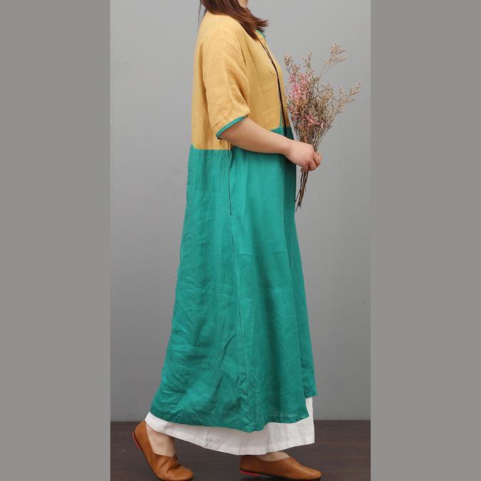 Unique v neck linen clothes Wardrobes yellow green patchwork Dresses summer - Omychic