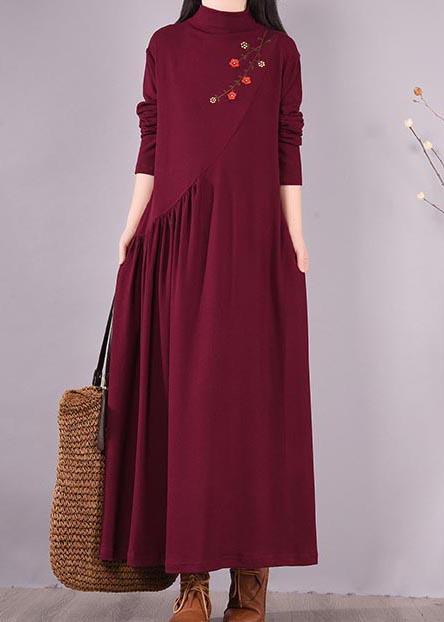 Vivid Burgundy Embroidery Tunic Pattern High Neck Cinched Spring Dress - Omychic