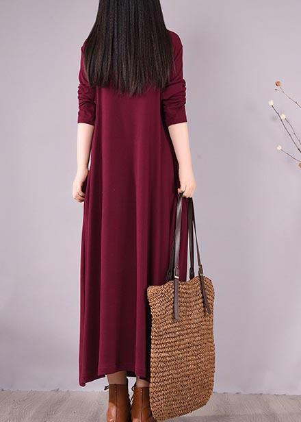 Vivid Burgundy Embroidery Tunic Pattern High Neck Cinched Spring Dress - Omychic