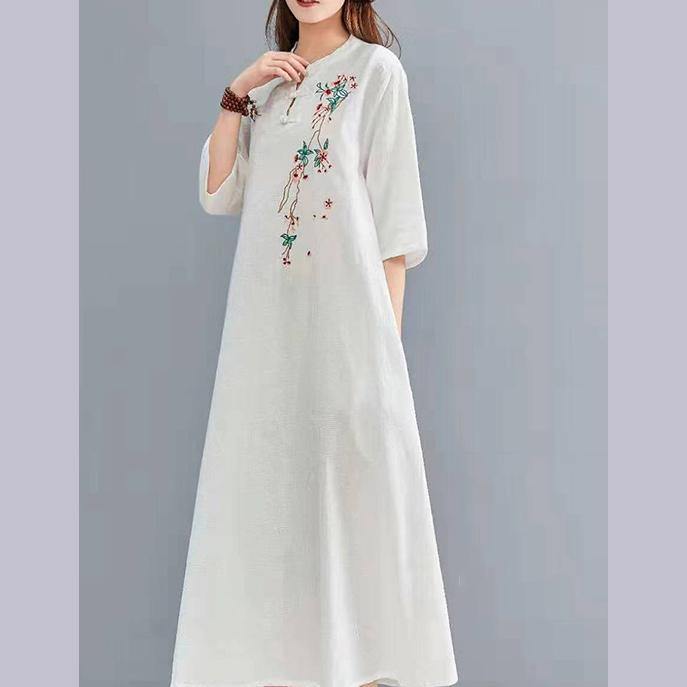 Vivid half sleeve linen outfit Catwalk white embroidery Dress autumn - Omychic