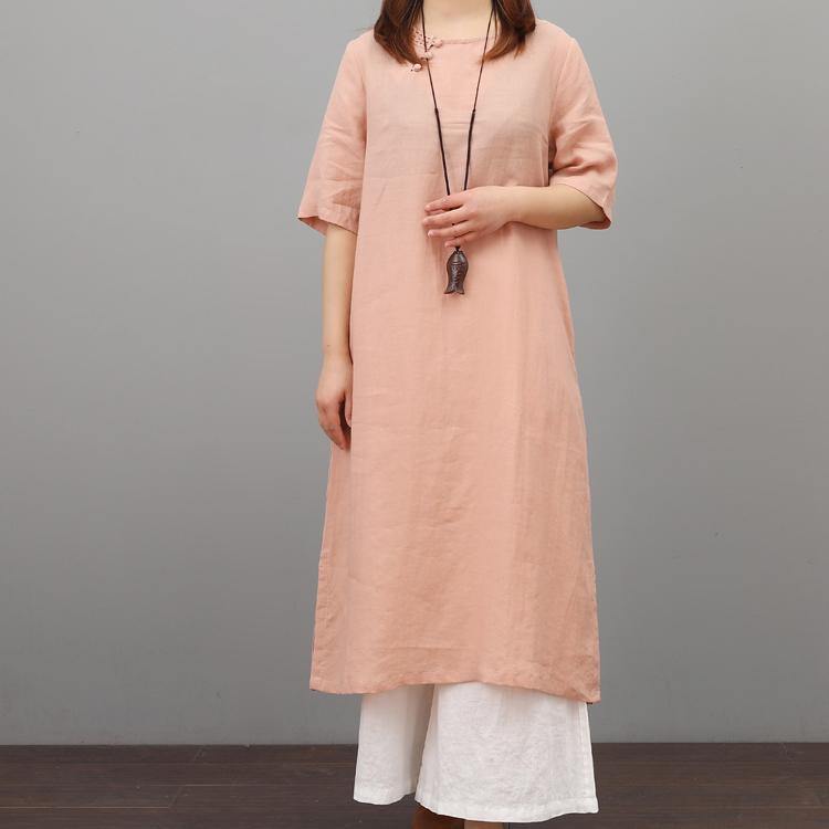 Vivid o neck linen Tunics Photography nude pink A Line Dress summer - Omychic