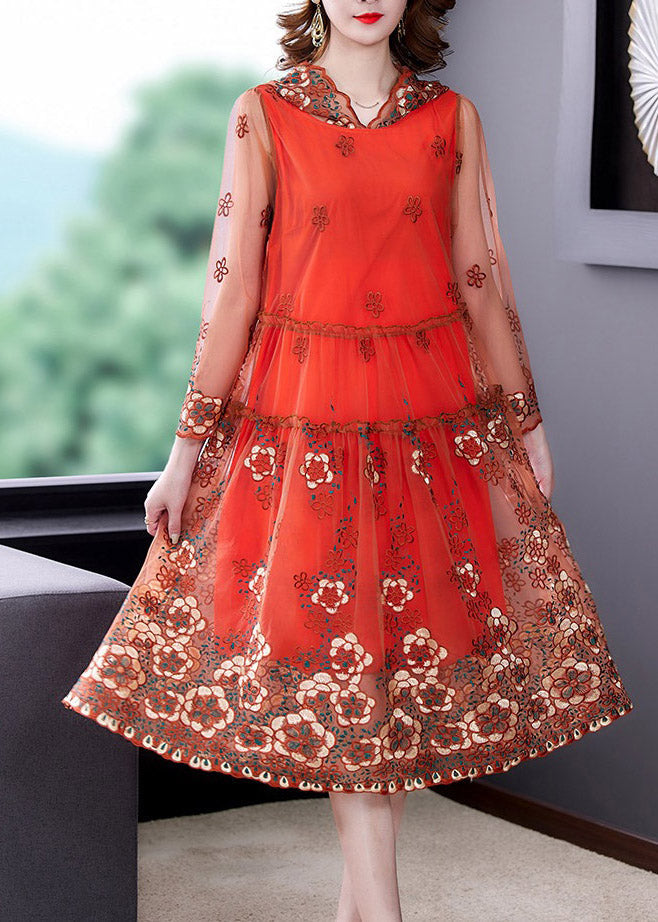 Vogue Orange Embroideried Floral Tulle Hooded Long Dresses Spring