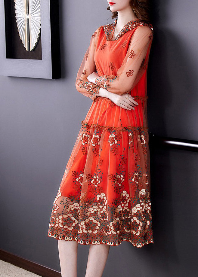 Vogue Orange Embroideried Floral Tulle Hooded Long Dresses Spring