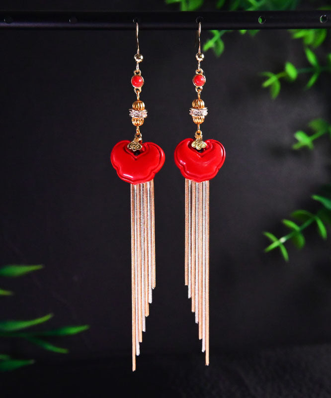 Vogue Red 14K Gold Cinnabar Ruyi Tassel Drop Earrings