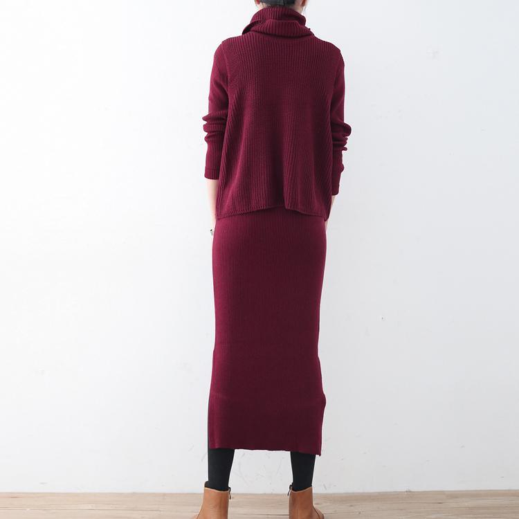 Warm burgundy long slim  sweaters dresses two pieces and high neck sleeveless  knit pullover - Omychic