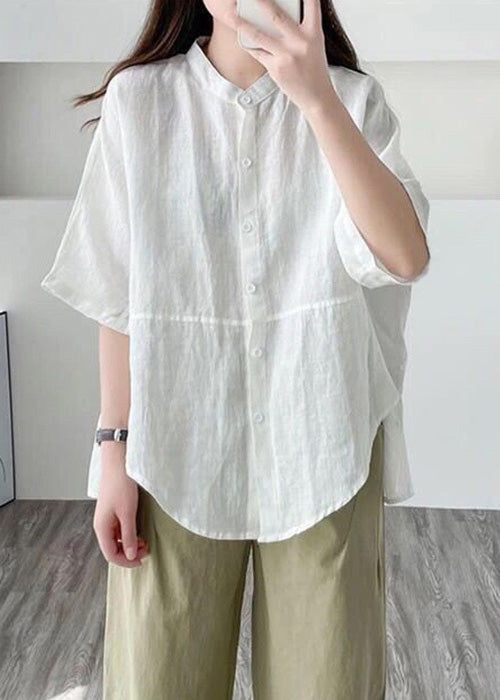 White Side Open Cotton Blouses O Neck Half Sleeve