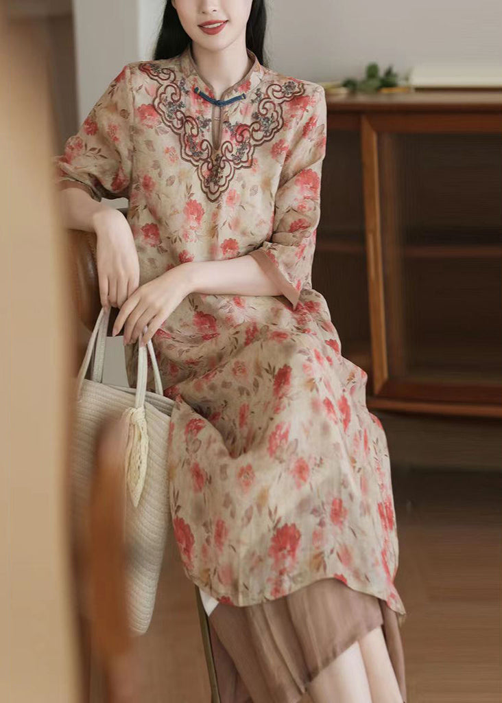 Women Apricot Embroideried Print Patchwork Linen Dresses Half