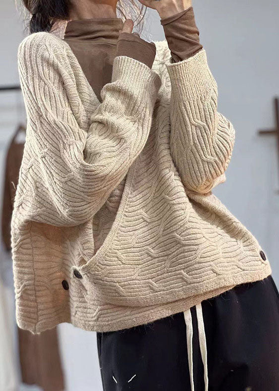 Women Beige V Neck Oversized Original Design Knit Sweater Winter