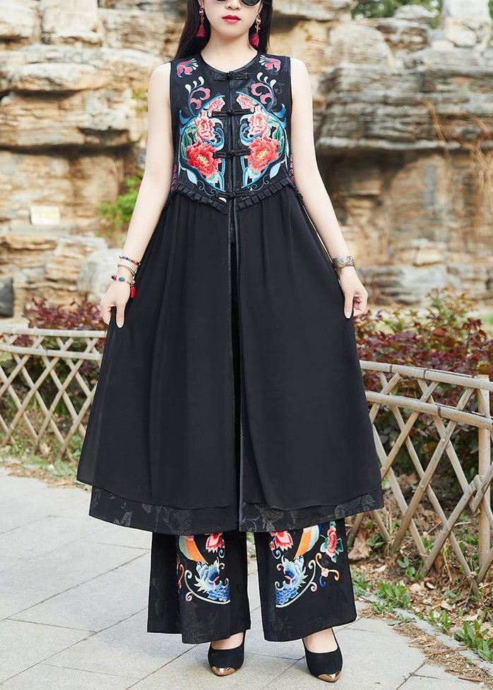 Women Black Embroideried Chinese Button Patchwork Silk Long Waistcoat Sleeveless