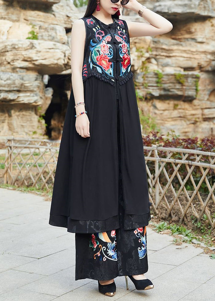 Women Black Embroideried Chinese Button Patchwork Silk Long Waistcoat Sleeveless