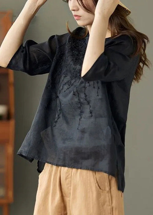 Women Black O Neck Embroideried Patchwork Linen T Shirt Summer