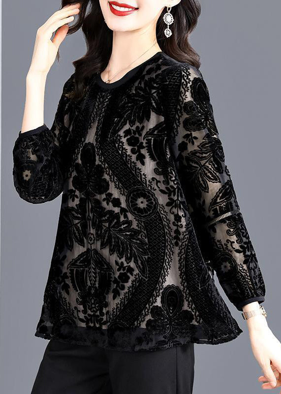 Women Black O-Neck Hollow Out Patchwork Silk Velour Top Fall