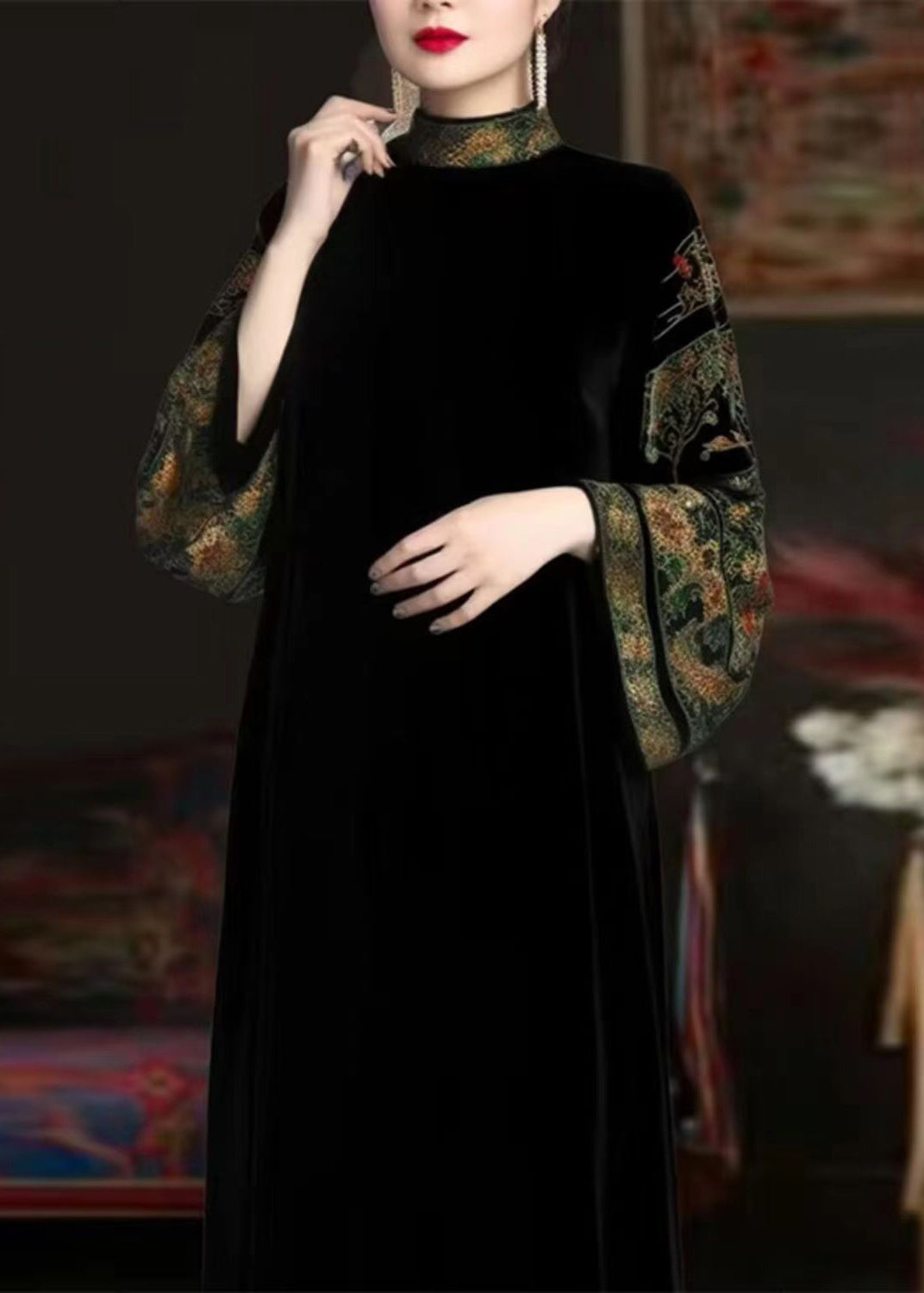 Women Black Turtleneck Print Patchwork Silk Long Dresses Fall