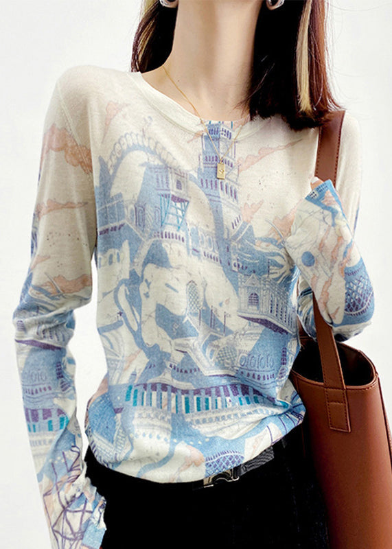 Women Blue O Neck Print Patchwork Knitting Cotton Top Long Sleeve