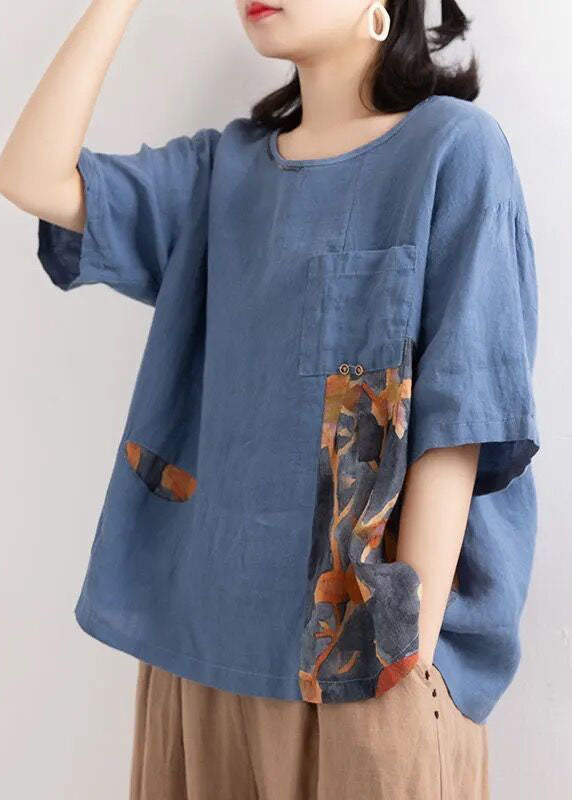 Women Blue O Neck Print Pockets Patchwork Cotton T Shirts Summer