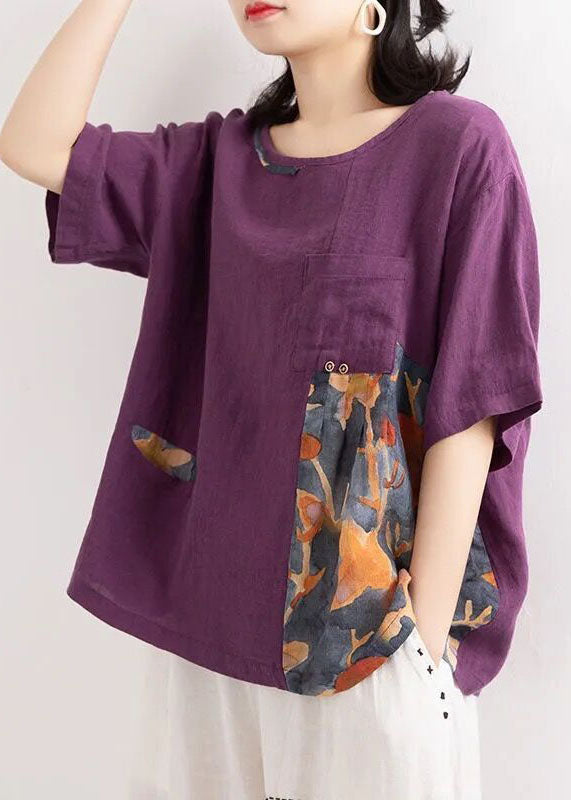 Women Blue O Neck Print Pockets Patchwork Cotton T Shirts Summer