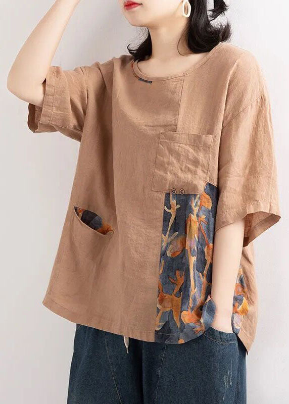 Women Blue O Neck Print Pockets Patchwork Cotton T Shirts Summer