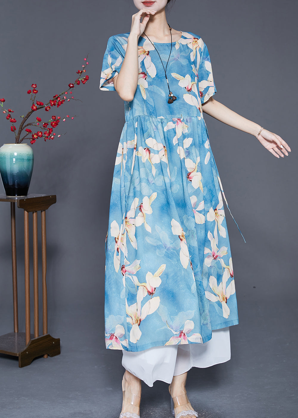 Women Blue Print Exra Large Hem Linen Vacation Dresses Summer