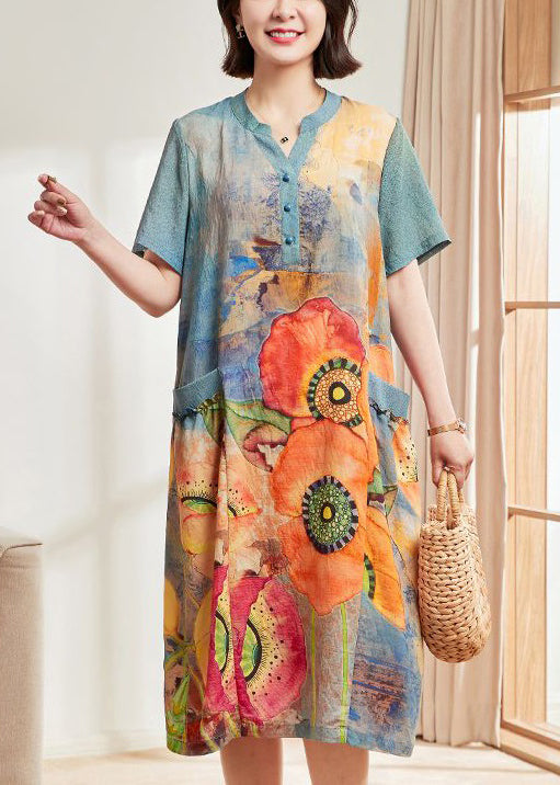 Women Blue Print Pockets Cotton Dresses Short Sleeve