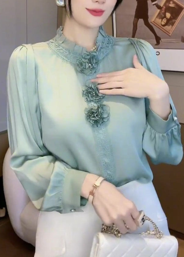 Women Blue Ruffled Patchwork Floral Chiffon Blouses Spring